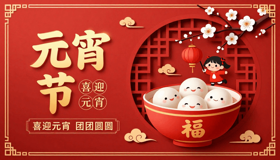传统插画素材：红色喜庆元宵节插画：团圆与祝福的视觉盛宴