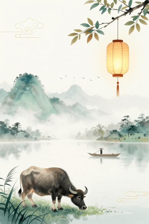 传统插画素材：水墨留白·静谧水牛远山图