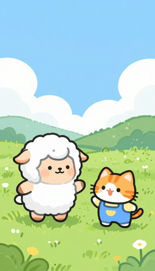 草原风景素材：可爱拟人小羊小猫草原嬉戏的卡通插画