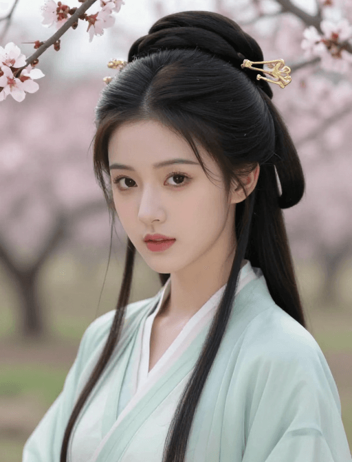 古言美少女素材：古韵桃林：美少女青衫入画