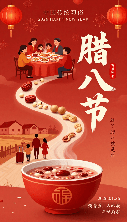 家庭团圆素材：暖红腊八节·团圆年俗插画海报