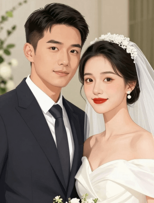 漫画风格素材：优雅婚礼：男女主角深情依偎的浪漫漫画立绘