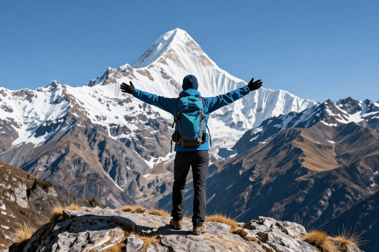 高清风光素材：雪山之巅：背对镜头的登山者拥抱自然