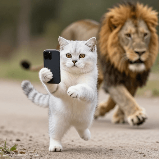 拟人化动作素材：猫咪自拍生死瞬间：狮子追逐下的琥珀眼