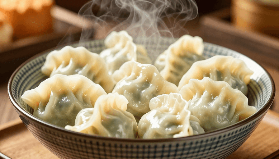 高清晰摄影素材：暖光蒸饺，传统美味诱人呈现