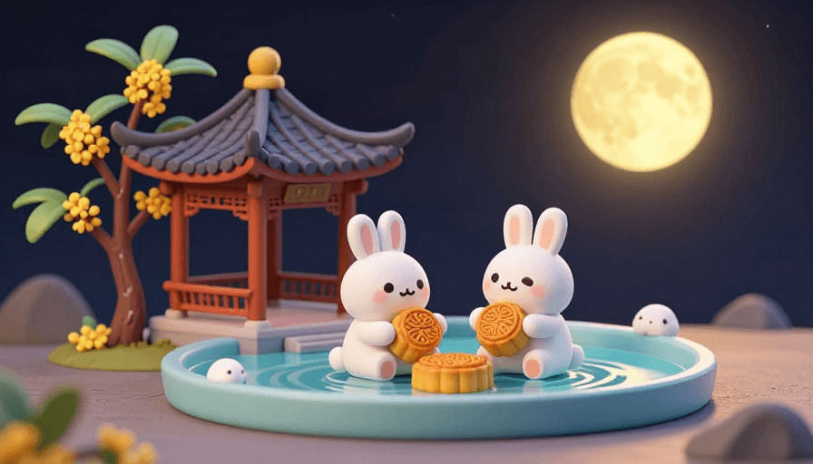 中国元素素材：中秋3D卡通兔子吃月饼水上亭园夜景
