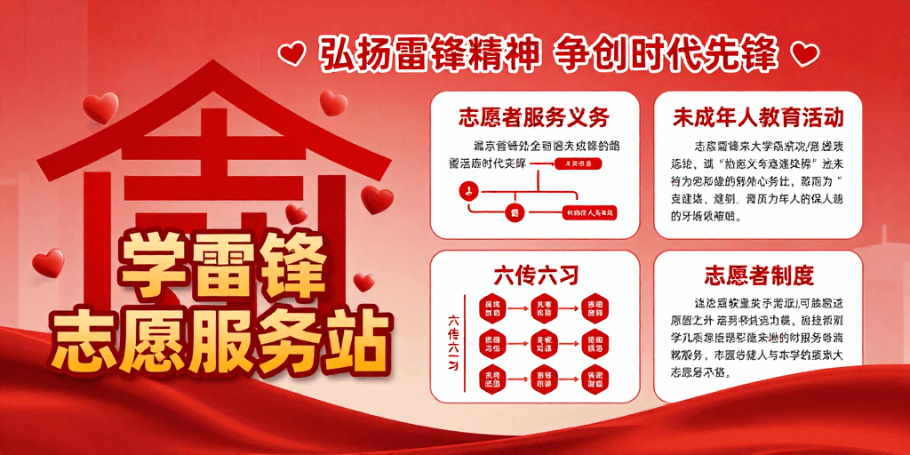 雷锋精神素材：党建志愿先锋：红色雷锋服务精神海报