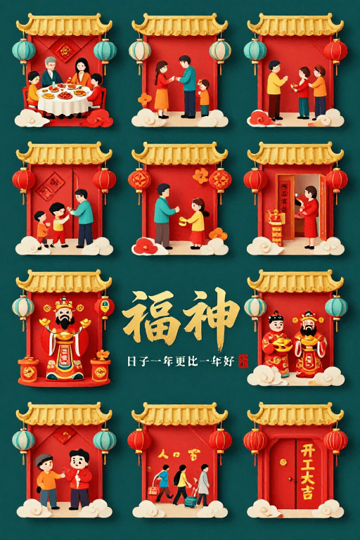 立体插画素材：春节剪纸与立体插画融合的九宫格习俗海报