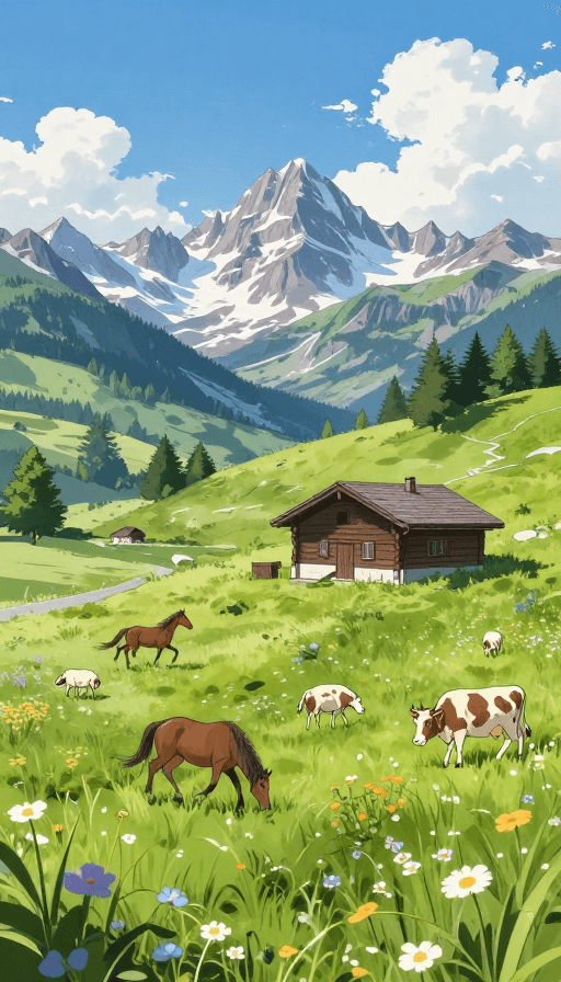 田园风光素材：梦幻高山牧场：瑞士阿尔卑斯超广角动漫插画