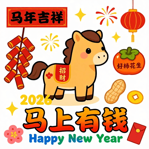 2026新年素材：2026新年喜庆卡通招财马插画