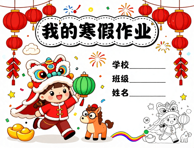 Q版卡通素材：春节童趣寒假作业封面：手绘插画喜庆设计