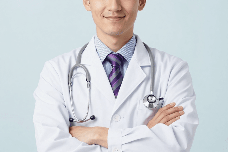 亚洲男性素材：专业亚洲男医生微笑展示，医疗广告用