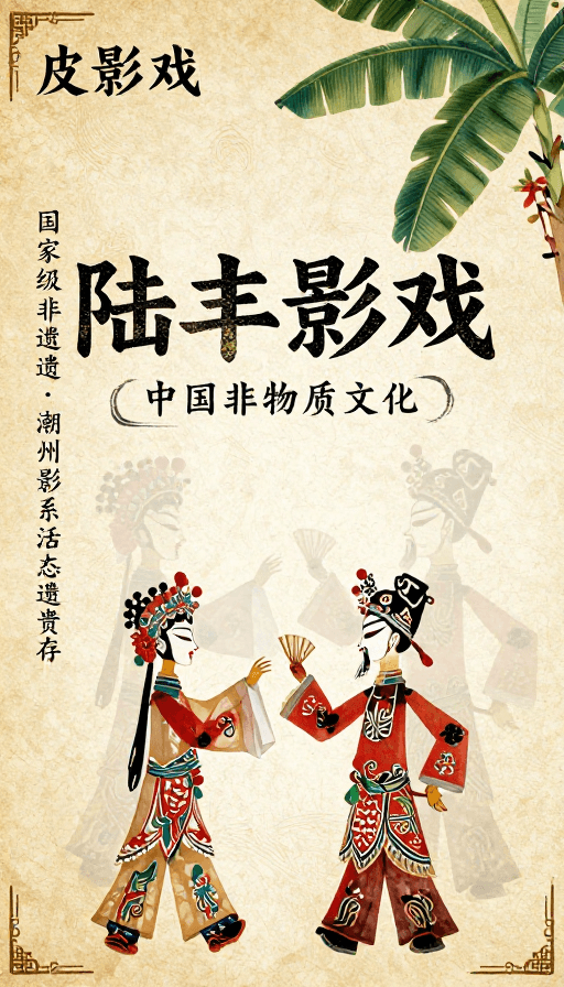 文化展览素材：岭南非遗潮绣与皮影艺术海报：陆丰影戏与文化传承