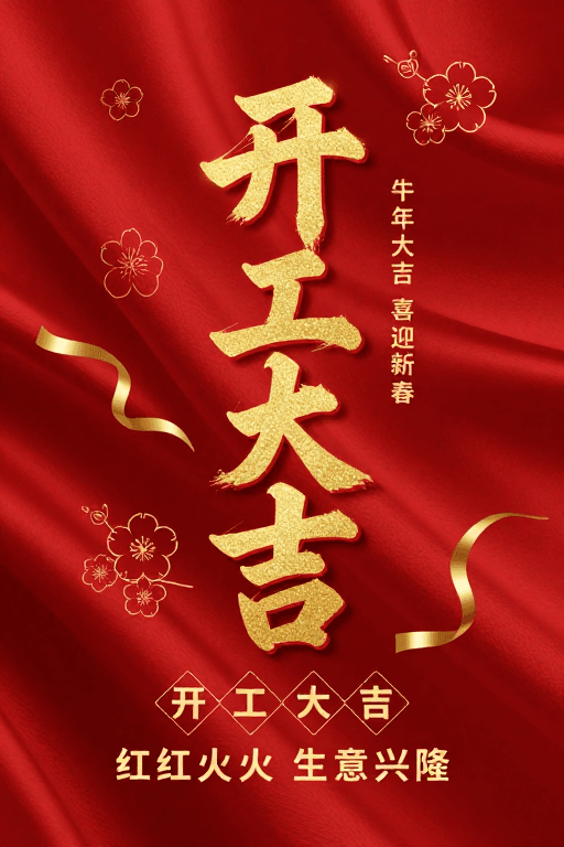 喜庆祝福素材：牛年开工大吉：红金喜庆氛围营造
