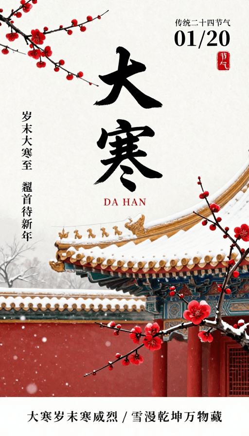 中国传统节日素材：水墨大寒节气海报：传统韵味与现代设计融合