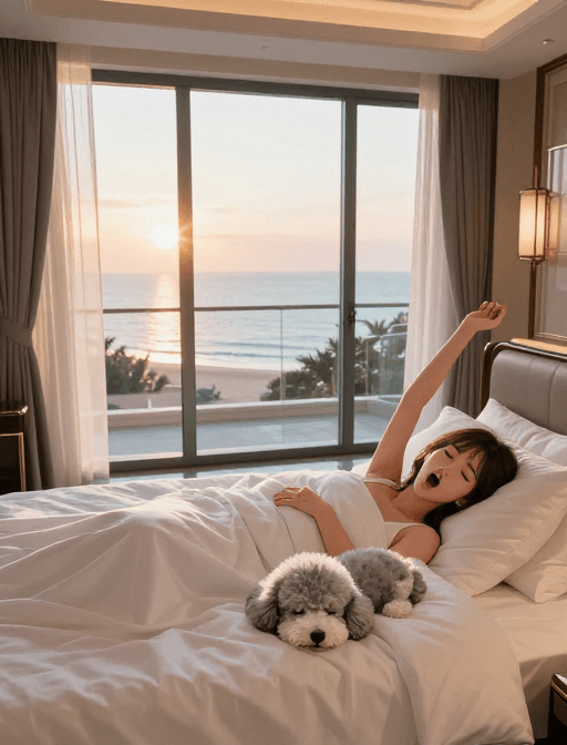 海景背景素材：轻奢卧室晨景：御姐与泰迪共眠的温馨时刻