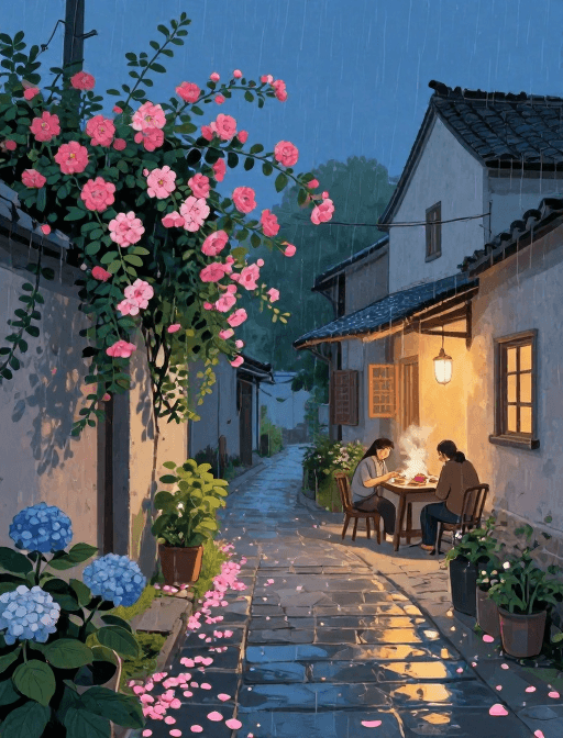 温情插画素材：雨夜乡村小巷，花满庭院，家人团聚的温情插画