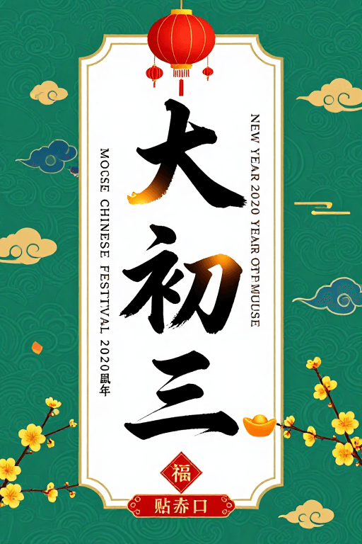 传统书法素材：大年初三鼠年海报：传统书法与金色祥云的春节祝福