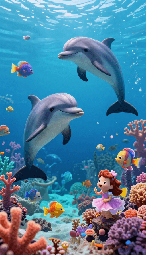 珊瑚礁素材：梦幻海底：拟人生物珊瑚礁嬉戏之旅
