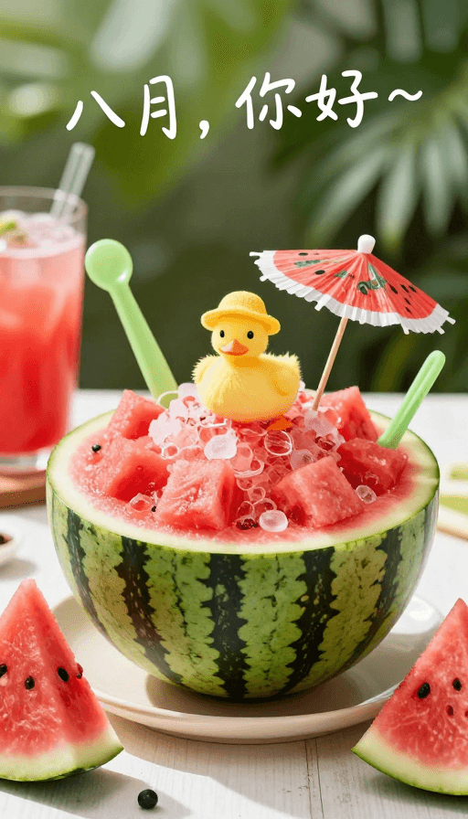 夏日美食素材：八月你好！清凉西瓜创意美食插画