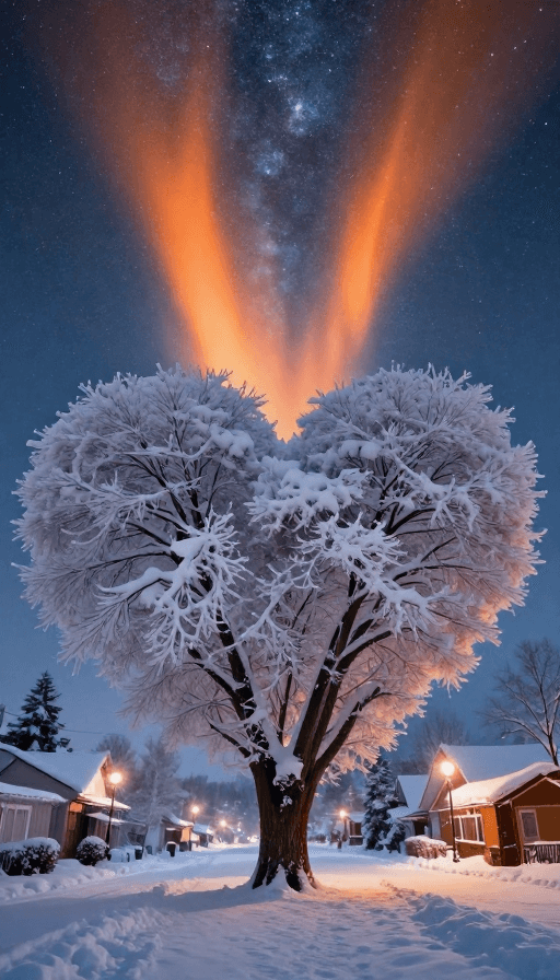 梦幻风格素材：橙色极光映爱心雪树：梦幻玄幻夜景奇观