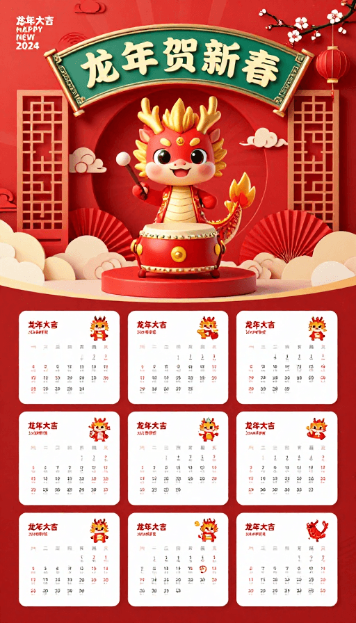 文化元素素材：朱金墨绿传统风格龙年新年日历海报