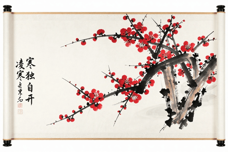 山水画素材：水墨红梅图：凌寒独自开的诗意画卷