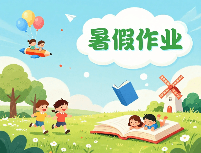 夏日场景素材：童趣夏日：清新梦幻的暑假作业海报设计