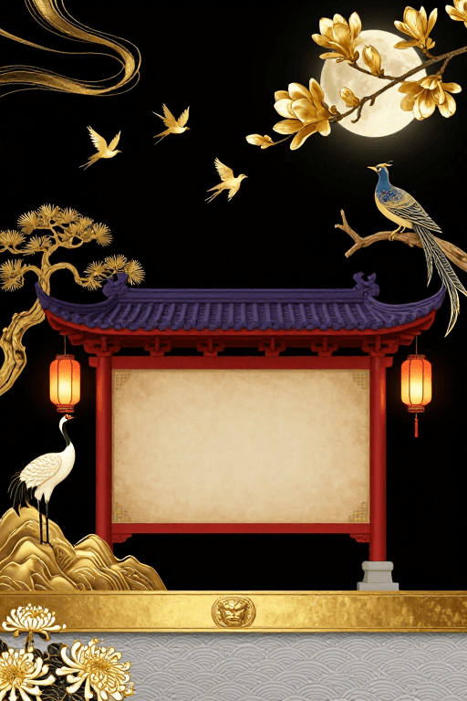 新中式风格素材：新中式国风：金箔与祥云点缀的典雅展板插画