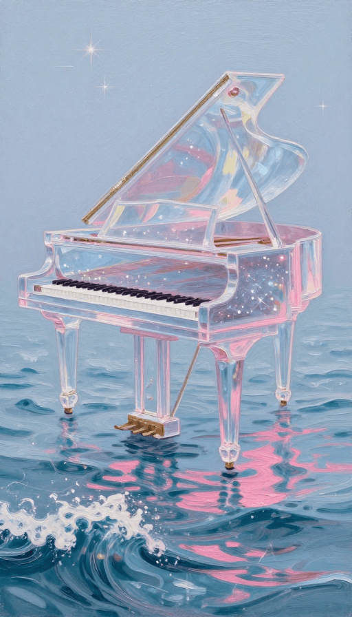 创意视觉素材：透明星光钢琴与粉彩海浪的油画幻境