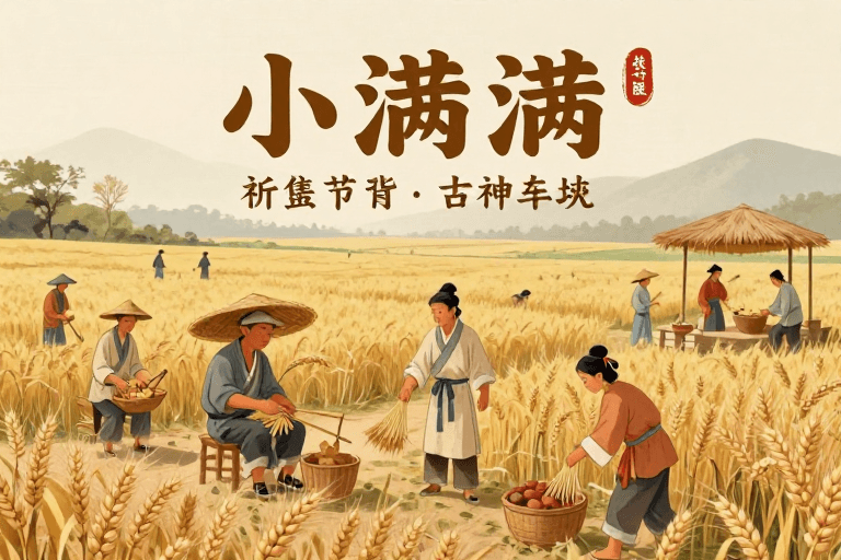 麦穗丰收素材：小满祭车神祈蚕节：田园古风民俗画卷