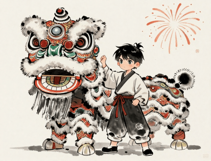 古风素材：水墨少年迎醒狮：新春烟花绽放的国风画卷