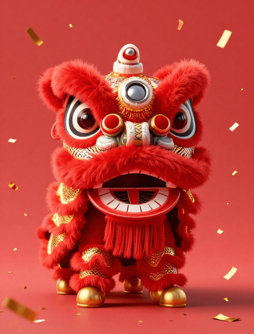 节庆氛围素材：3D红色醒狮闪耀新春佳节庆典