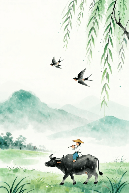 青绿调素材：水墨青绿烟雨图：牧童与燕子的田园诗意
