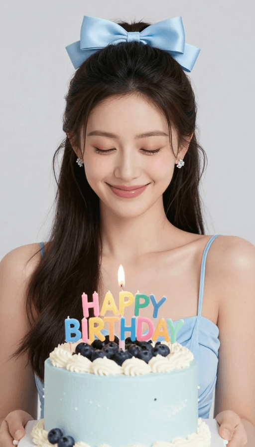 社交媒体分享素材：清新甜美风生日写真：浅蓝浪漫微笑女性