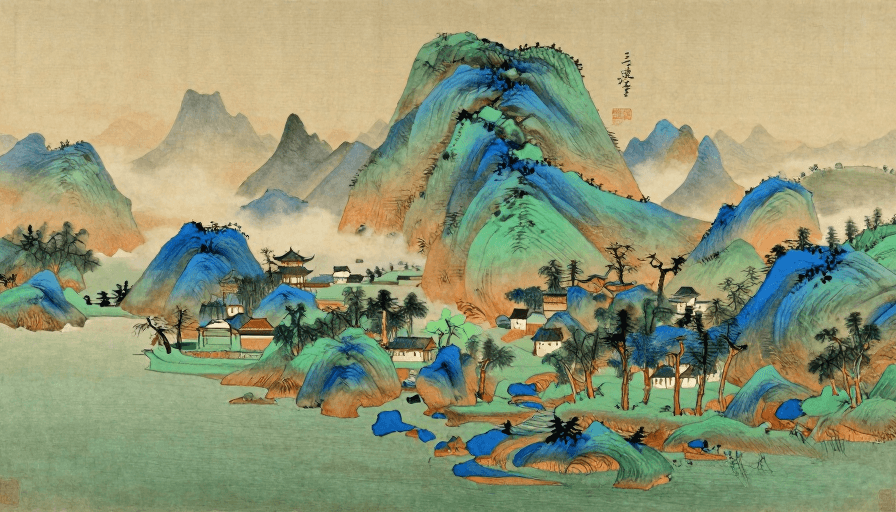 三远法构图素材：青绿山水意境：古典与现代融合的艺术画卷