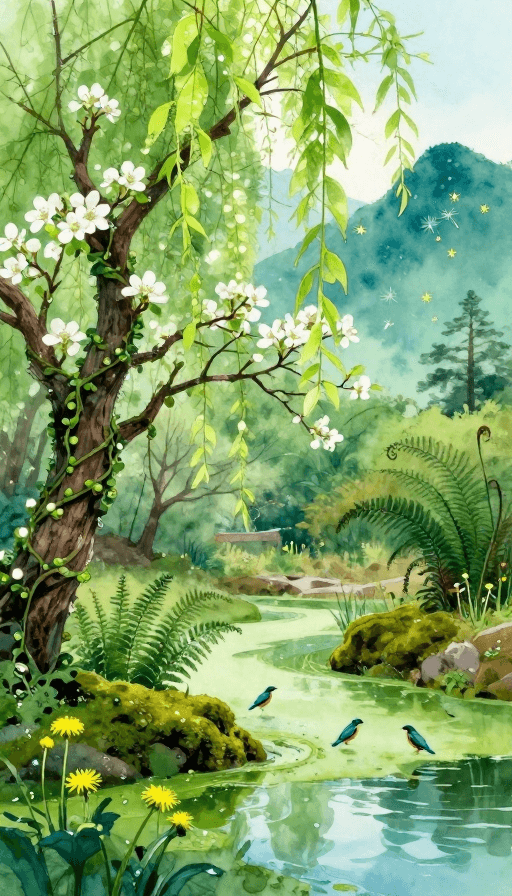 生态景观素材：翡翠春色：水彩晕染的梦幻仙境