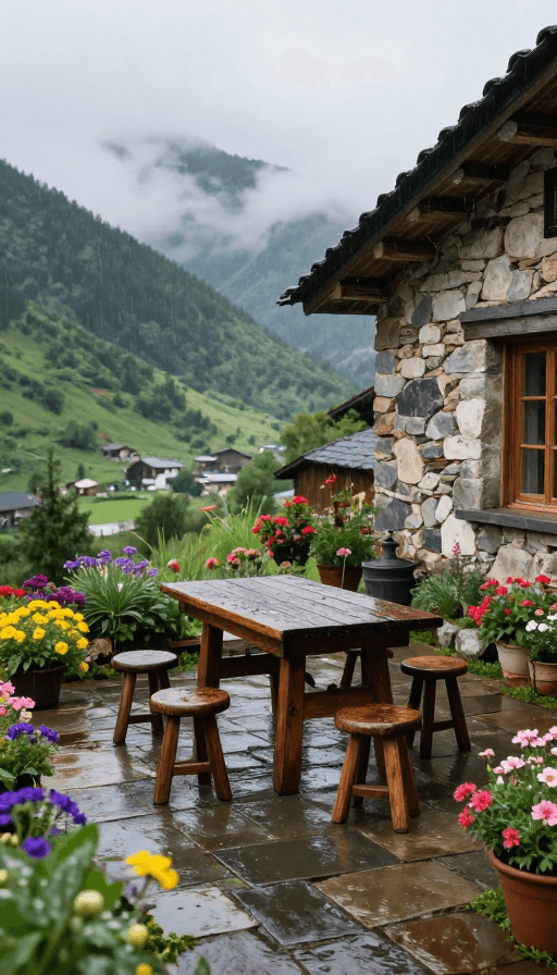 多彩花卉素材：雨后静谧山居：石屋露台与翠峦光影