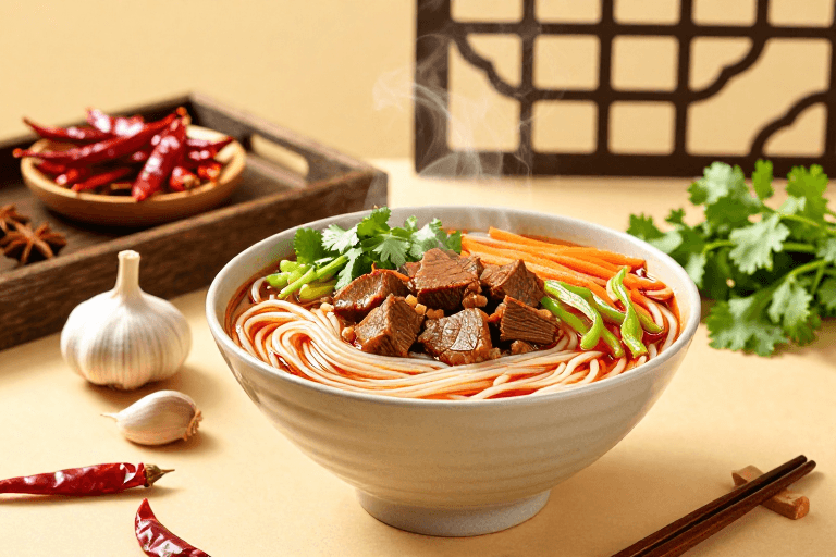 广告级品质素材：暖光中式牛肉粉：传统风味诱人呈现