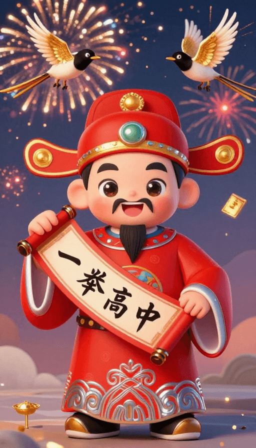 喜庆风格素材：喜庆Q版状元郎庆贺‘一举高中’烟火璀璨图