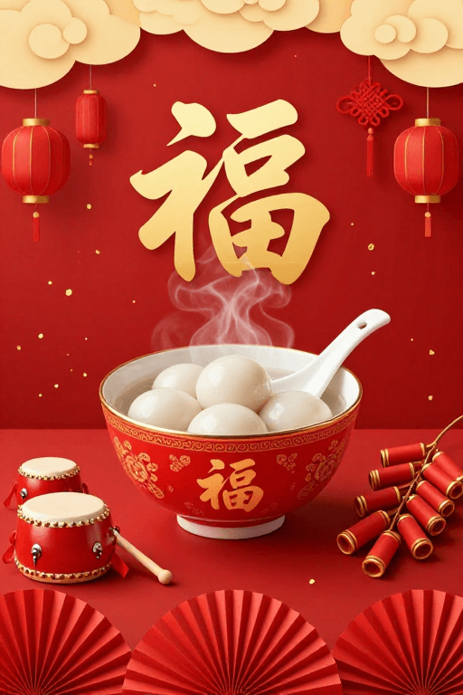 福文化素材：传统节庆红色海报：福满团圆暖春