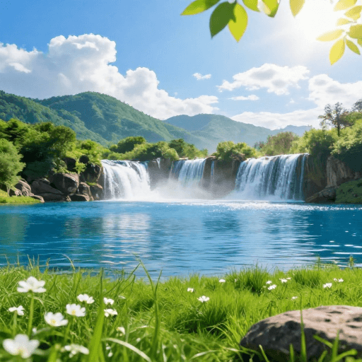 清新治愈素材：三重景深治愈系风光：翠绿草坪与湛蓝湖泊的自然画卷