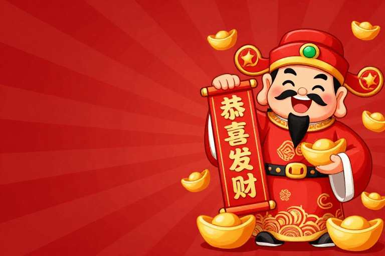 红色渐变素材：喜庆财神新年插画背景 红色渐变热烈氛围