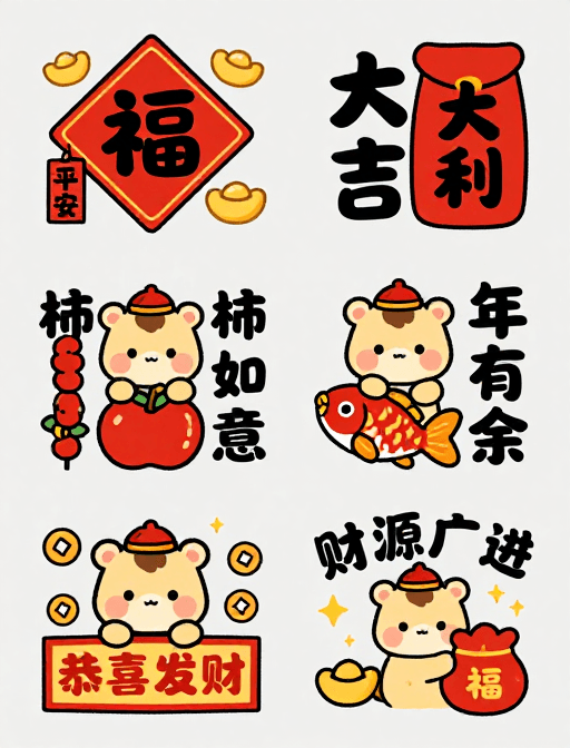 国潮插画素材：国潮新春：可爱小马吉祥贴纸集
