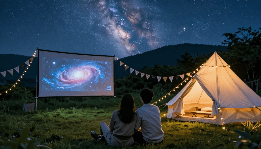 星空夜景素材：星空下的浪漫：情侣露营夜影