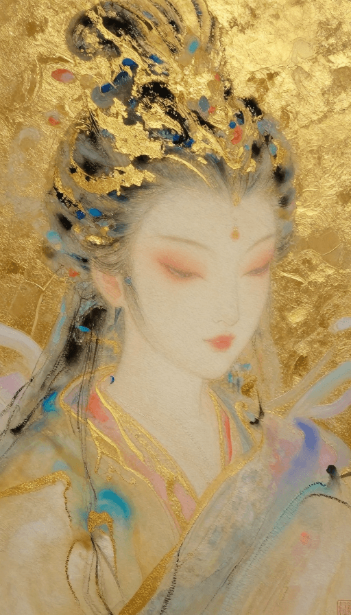 金箔岩彩素材：金箔岩彩绘·敖丙梦幻古风头部特写