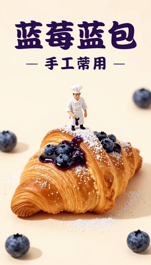 微缩模型素材：微型大师手作巨无霸羊角包，蓝莓糖霜点缀美食微距秀