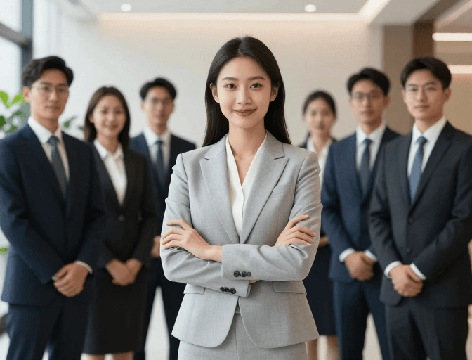 团队合影素材：亚洲女高管微笑引领团队，高清商务摄影