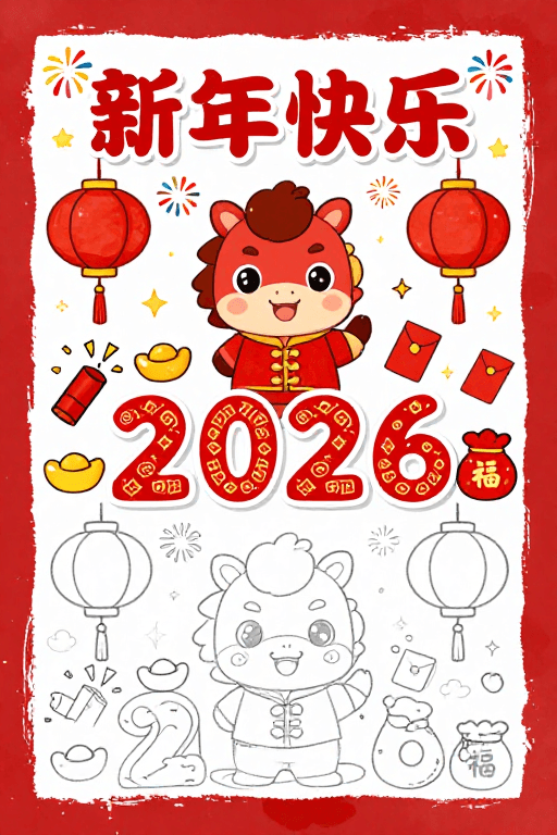 春节元素素材：新年手绘贺岁海报：红色喜庆与童趣结合