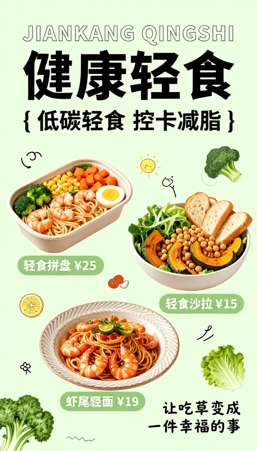 价格标签素材：清新浅绿健康轻食宣传海报